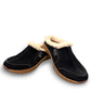 Taos Future black suede clog with soft faux fur lining and a supportive cork and EVA midsole. Photo of front view.