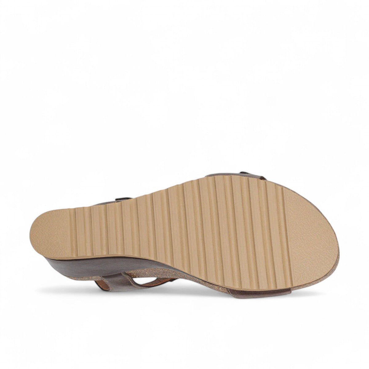 Taos Tie Wish espresso brown leather wedge sandal with T-strap, lace-up detail, and cork-style midsole. Photo of bottom view.