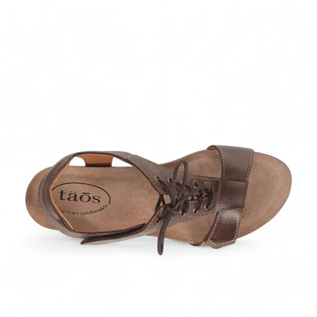 Taos Tie Wish espresso brown leather wedge sandal with T-strap, lace-up detail, and cork-style midsole. Photo of upper view.