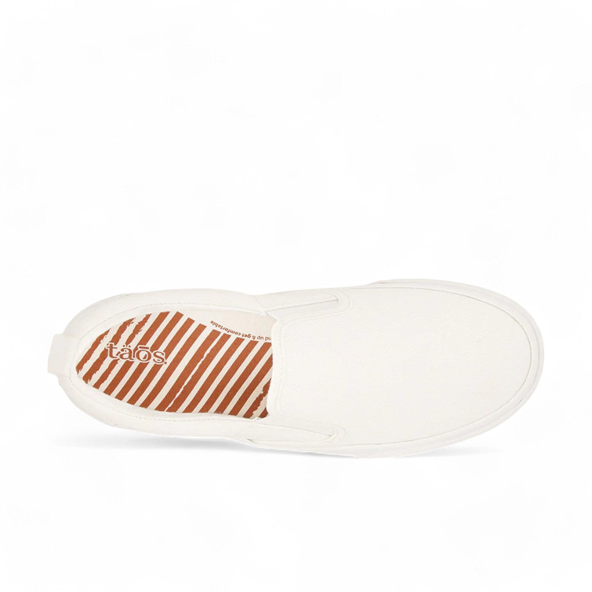 Taos Rubber Soul white canvas slip-on sneaker with platform sole and elastic gore. Photo of upper view.