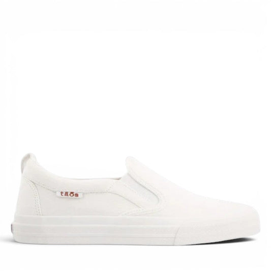 Taos Rubber Soul white canvas slip-on sneaker with platform sole and elastic gore. Photo of outside side view.
