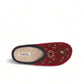 Taos Woolderness 2 cranberry wool clog with floral embroidery, faux fur lining, and cork midsole. Photo of upper view.