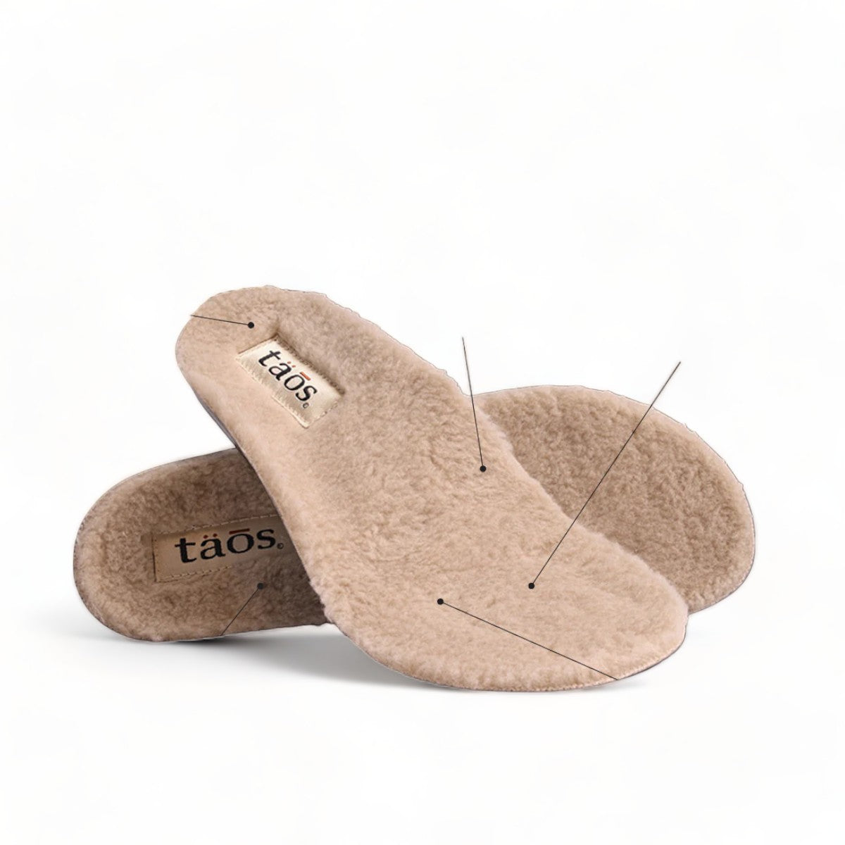 Taos Woolderness 2 cranberry wool clog with floral embroidery, faux fur lining, and cork midsole. Photo of footbed.