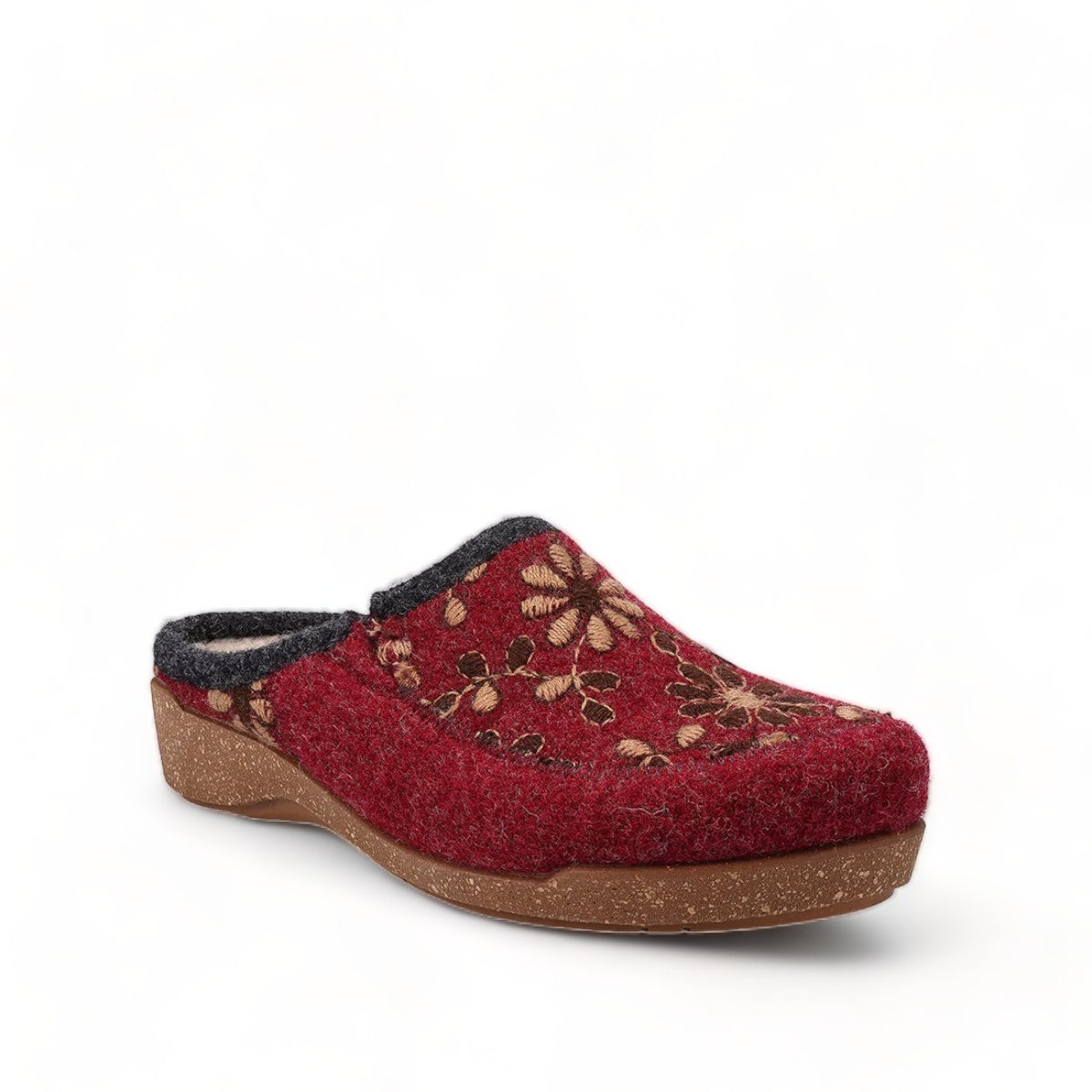 Taos Woolderness 2 cranberry wool clog with floral embroidery, faux fur lining, and cork midsole. Photo of front view.