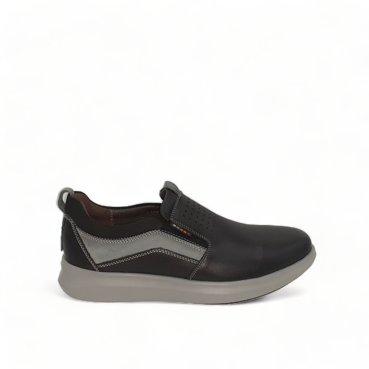 tata Sahand black leather slip-on shoes with grey rubber sole and detailed handmade stitching