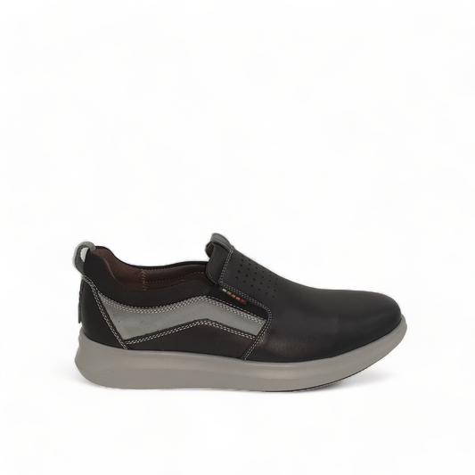tata Sahand black leather slip-on shoes with grey rubber sole and detailed handmade stitching