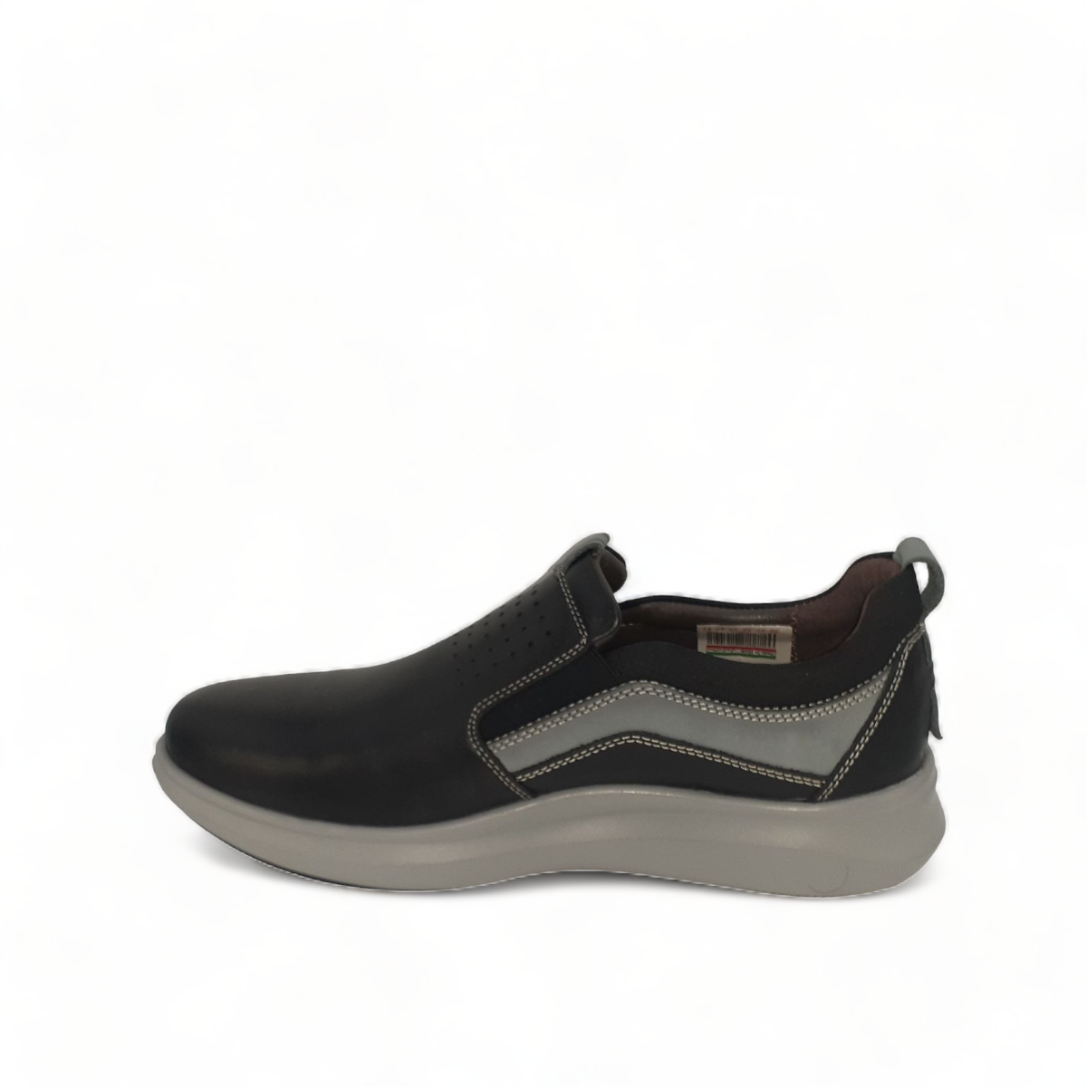 tata Sahand black leather slip-on shoes with grey rubber sole and detailed handmade stitching