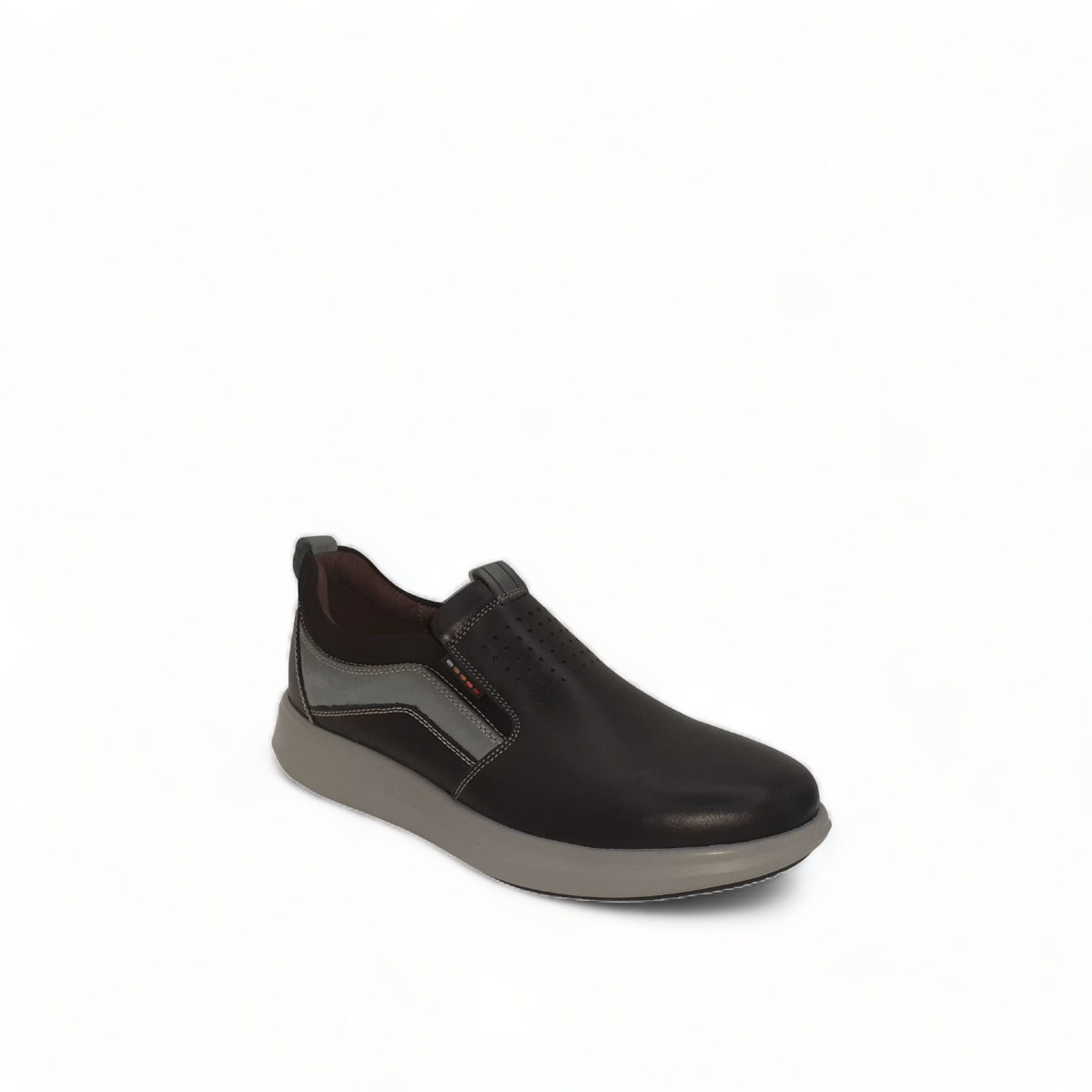 tata Sahand black leather slip-on shoes with grey rubber sole and detailed handmade stitching