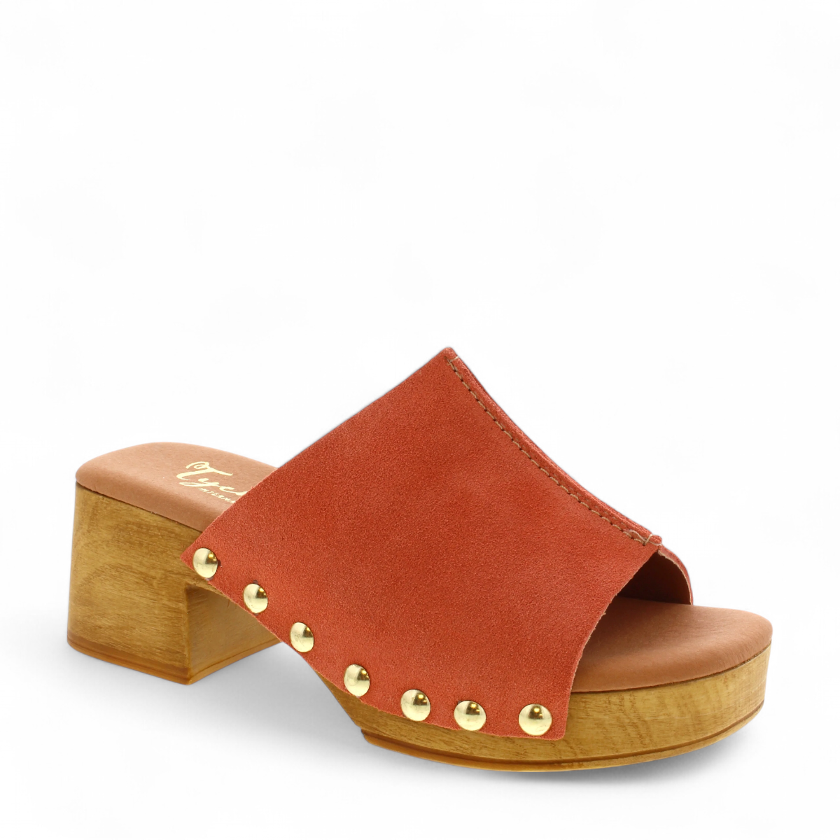 Tyche Bella coral leather slip-on clog with gold rivet accents and a wooden block heel. Photo of front side view.
