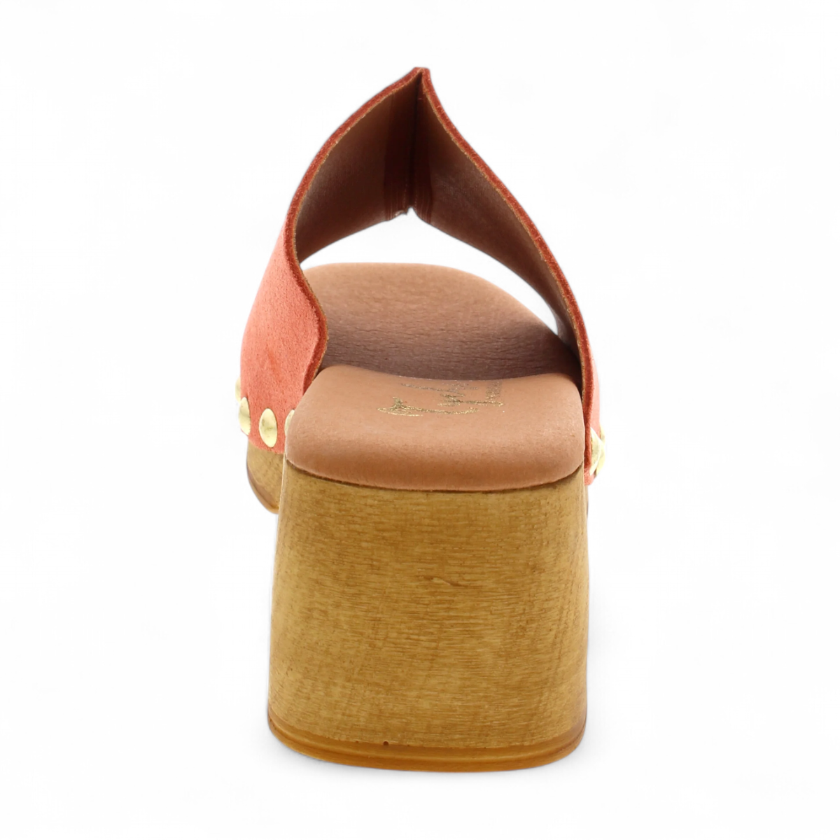 Tyche Bella coral leather slip-on clog with gold rivet accents and a wooden block heel. Photo of back view.