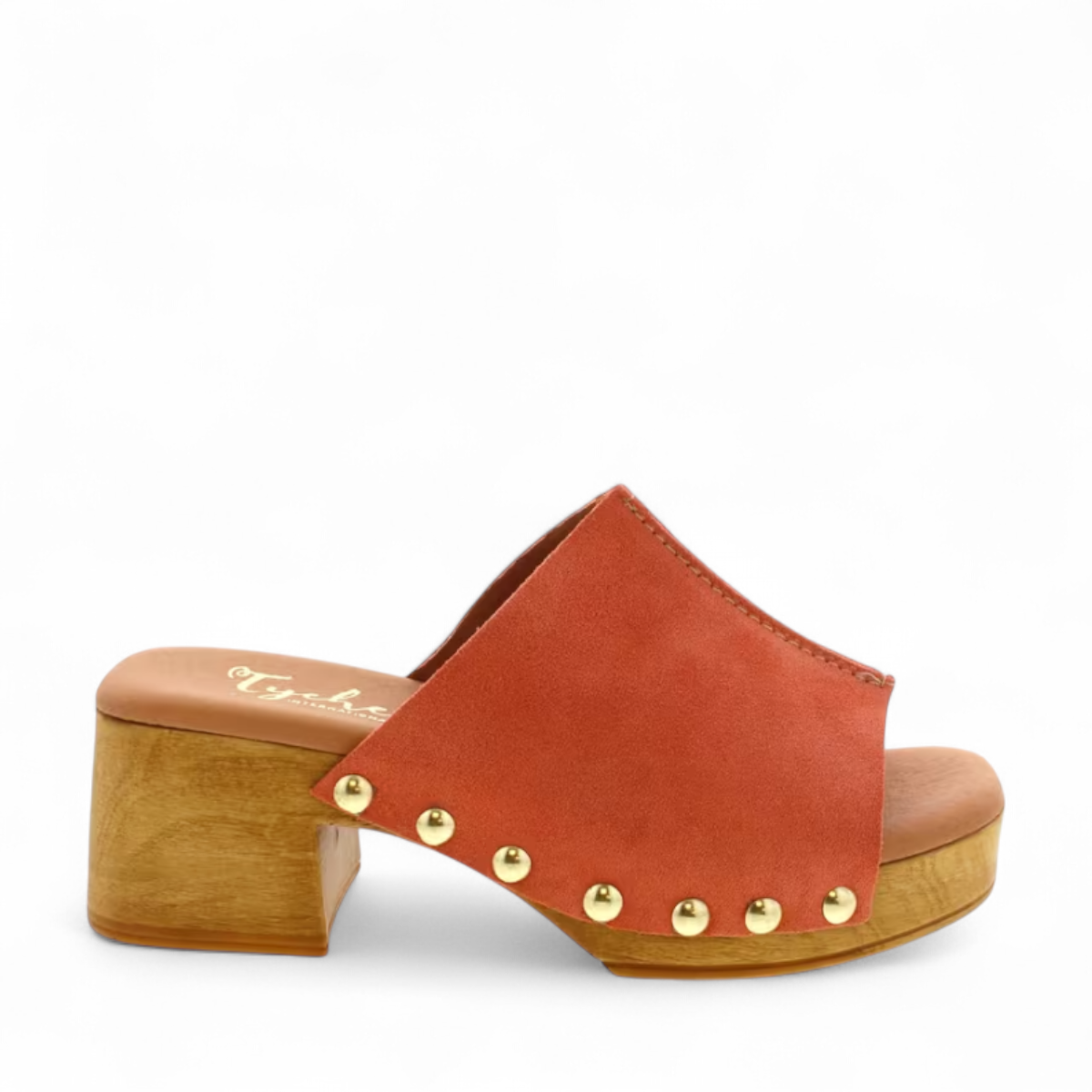 Tyche Bella coral leather slip-on clog with gold rivet accents and a wooden block heel. Photo of right side view.