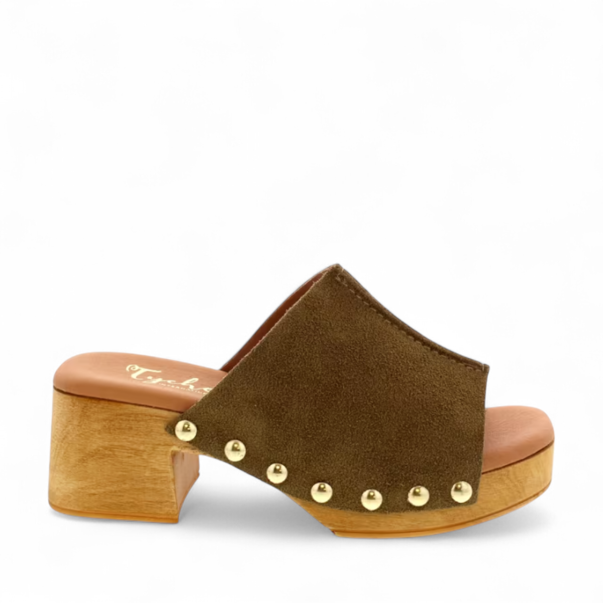 Tyche Bella kaki suede leather clog with gold rivet accents and a wooden block heel