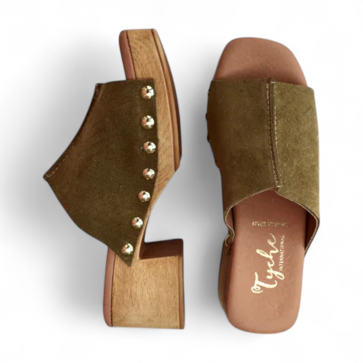 Tyche Bella kaki suede leather clog with gold rivet accents and a wooden block heel