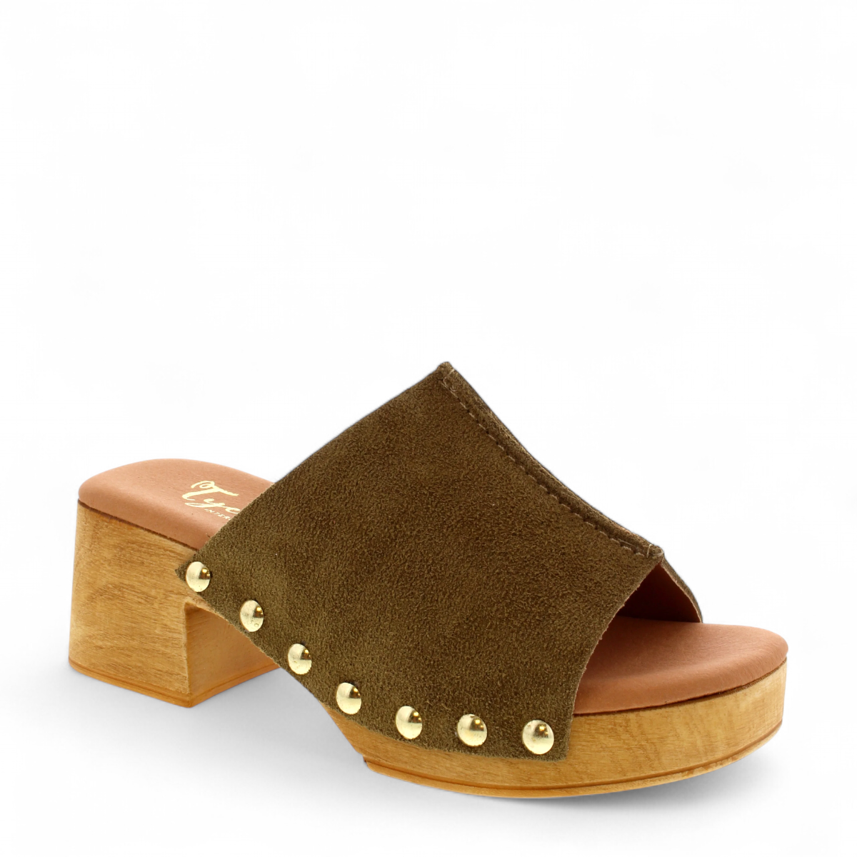 Tyche Bella kaki suede leather clog with gold rivet accents and a wooden block heel