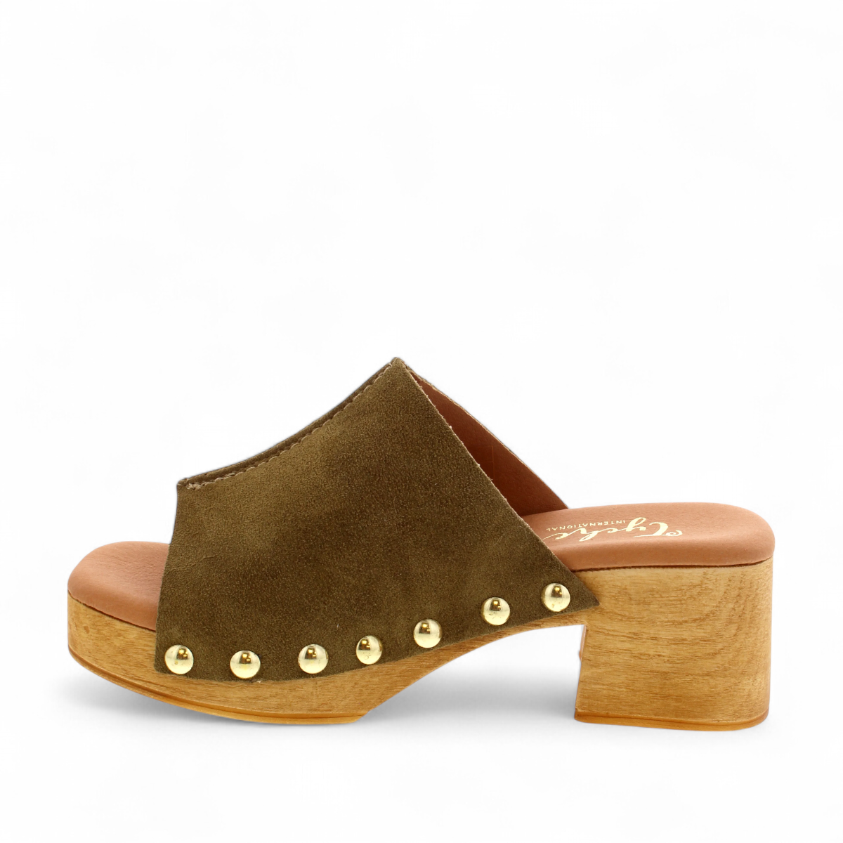 Tyche Bella kaki suede leather clog with gold rivet accents and a wooden block heel