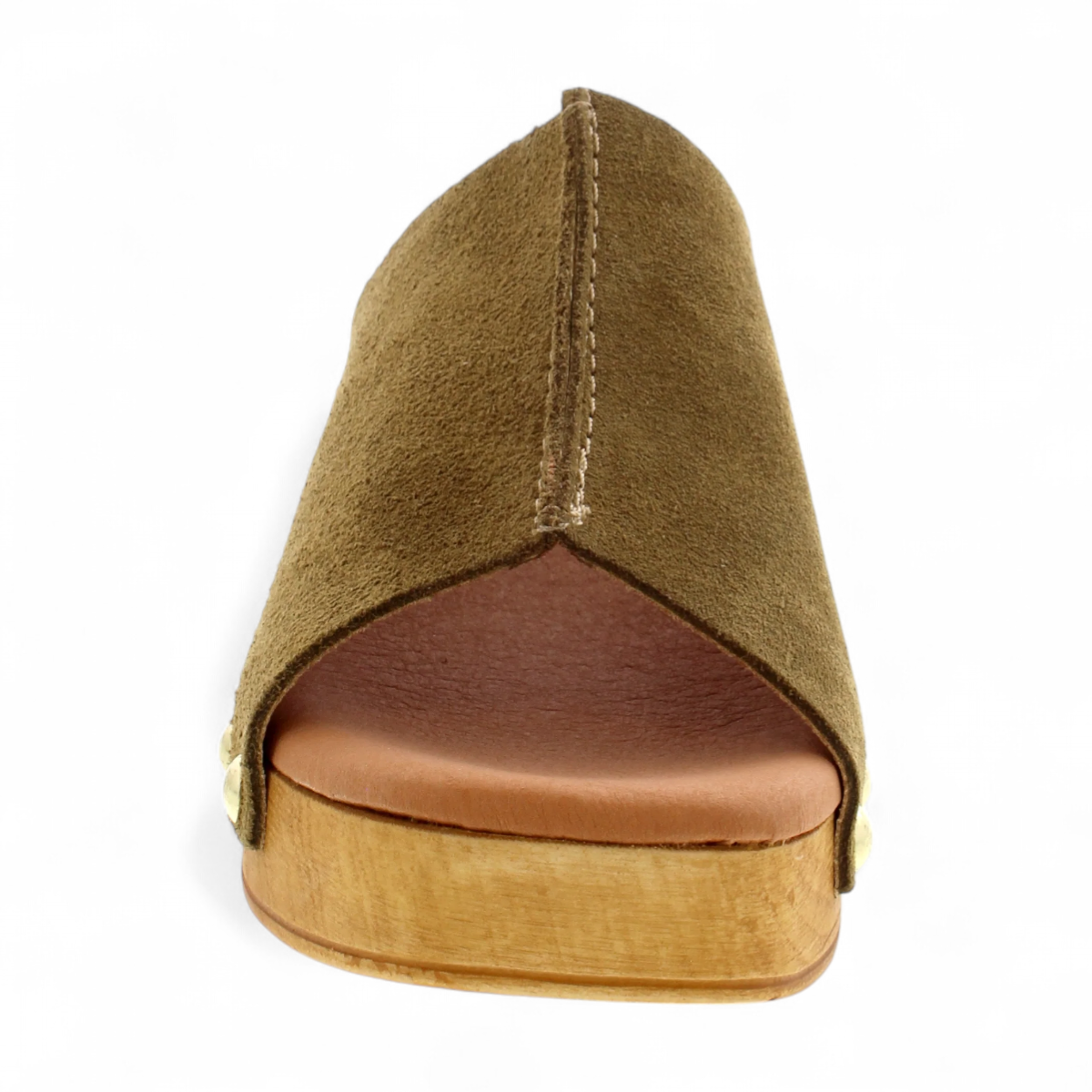 Tyche Bella kaki suede leather clog with gold rivet accents and a wooden block heel