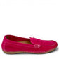 Tyche Mavis fuchsia suede loafers with white contrast stitching and a comfortable slip-on design.