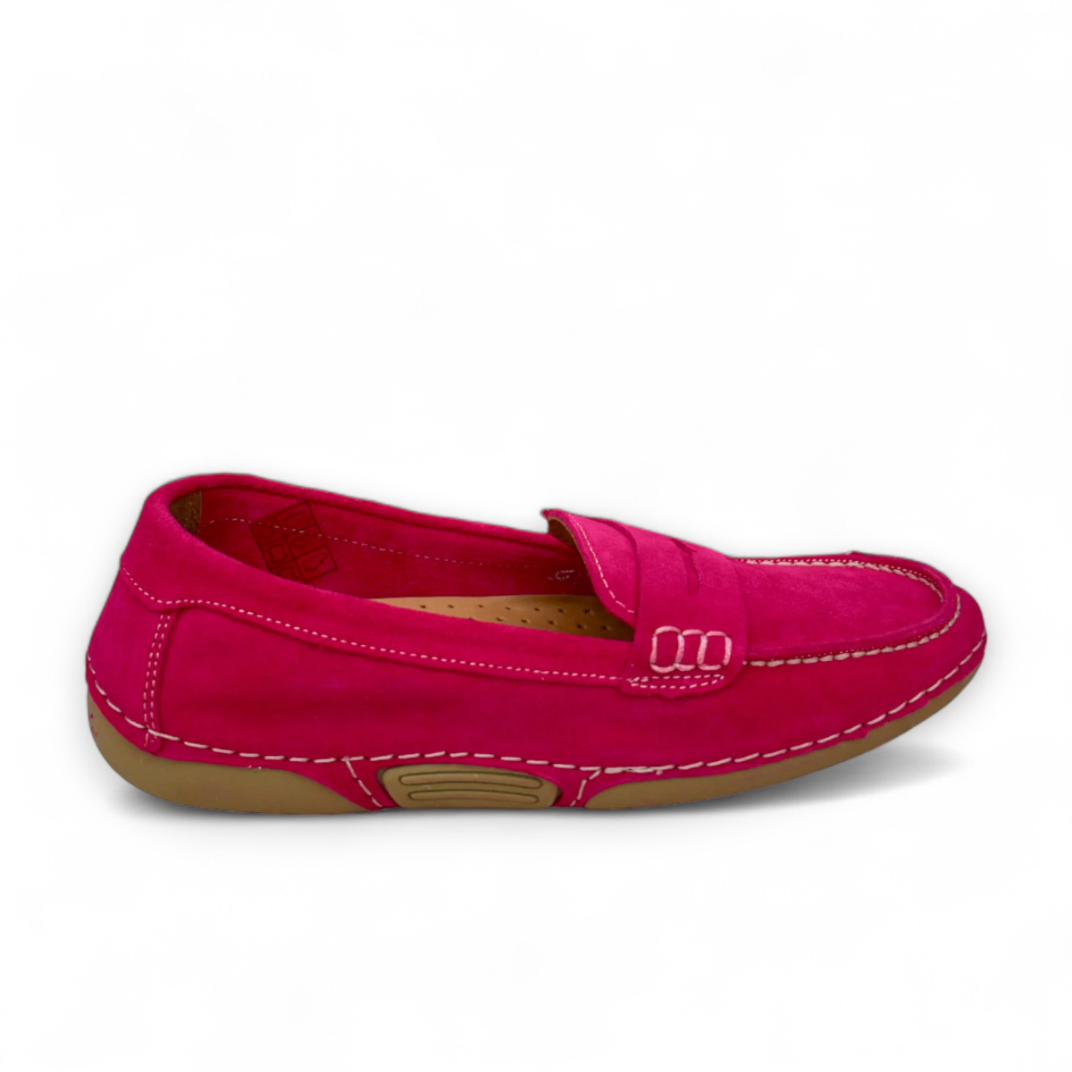 Tyche Mavis fuchsia suede loafers with white contrast stitching and a comfortable slip-on design.