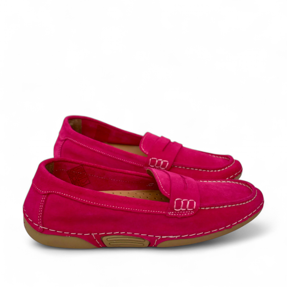 Tyche Mavis fuchsia suede loafers with white contrast stitching and a comfortable slip-on design.