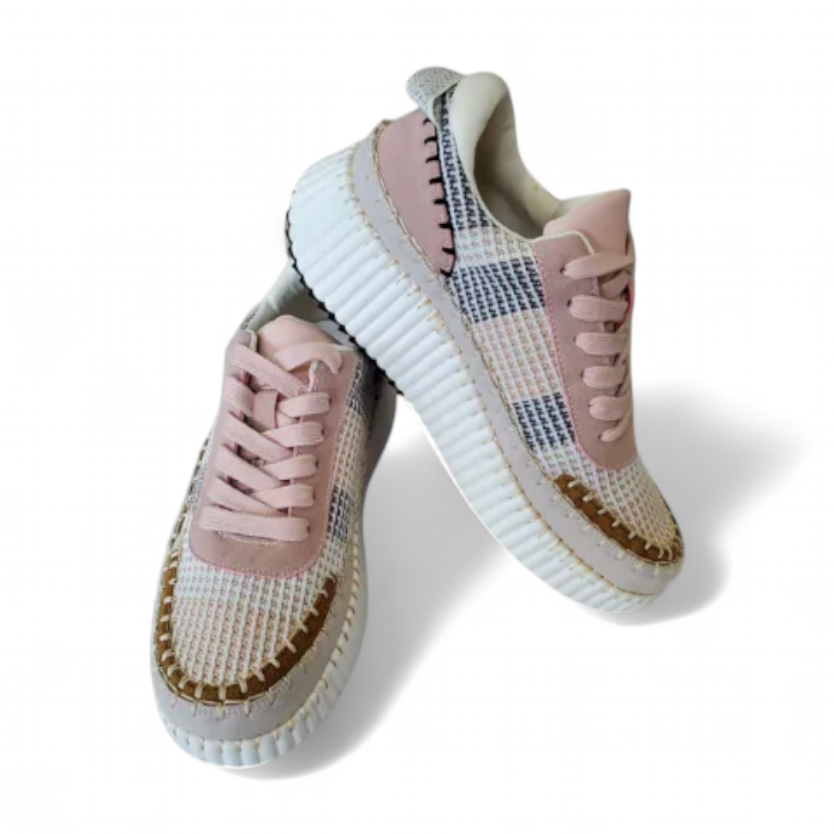 Tyche Sneak Away rose multi tweed sneakers with a thick white platform sole and decorative stitching.