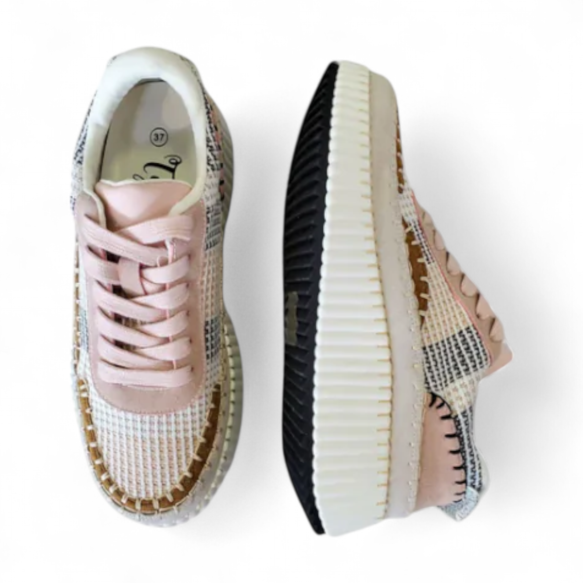 Tyche Sneak Away rose multi tweed sneakers with a thick white platform sole and decorative stitching.