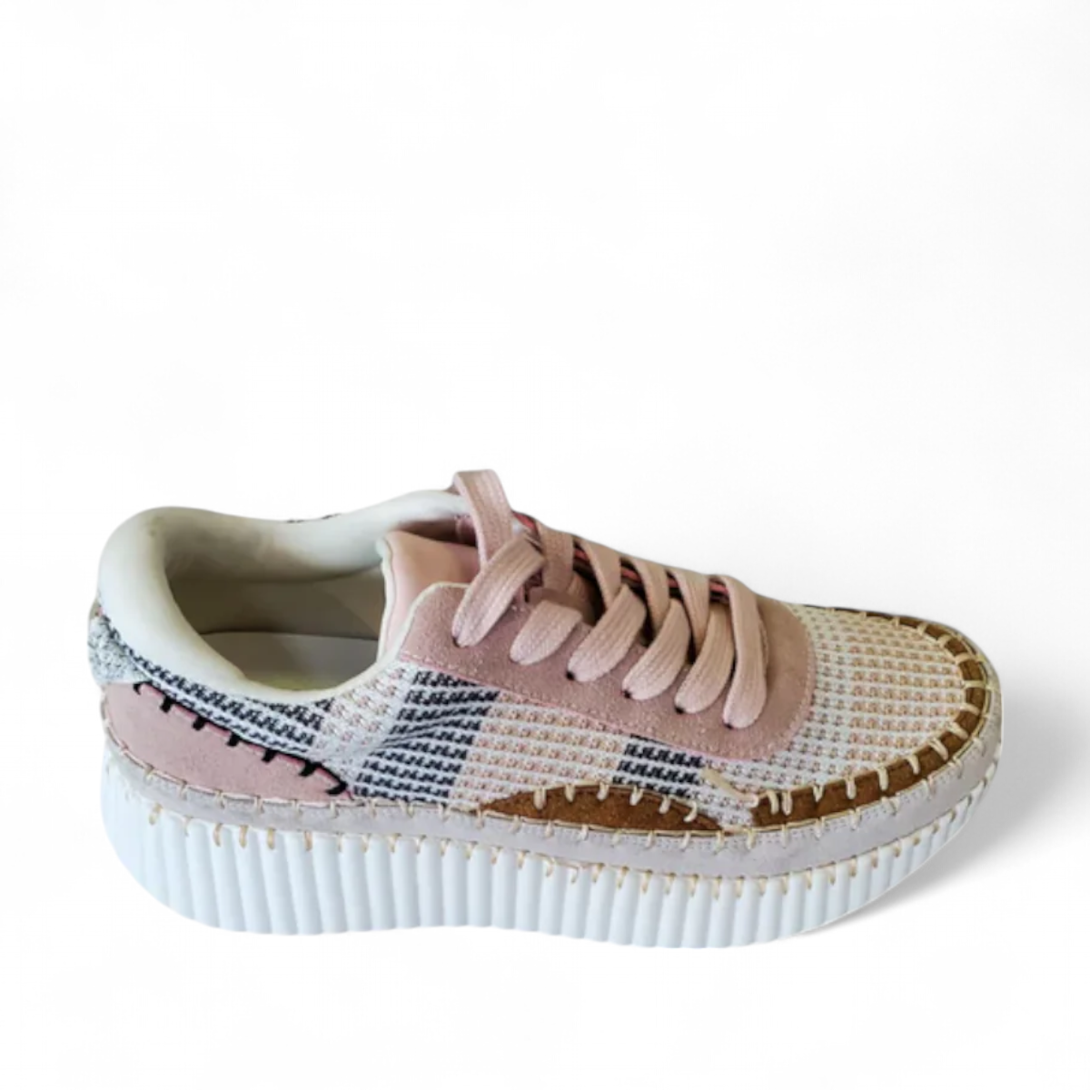 Tyche Sneak Away rose multi tweed sneakers with a thick white platform sole and decorative stitching.