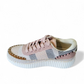 Tyche Sneak Away rose multi tweed sneakers with a thick white platform sole and decorative stitching.
