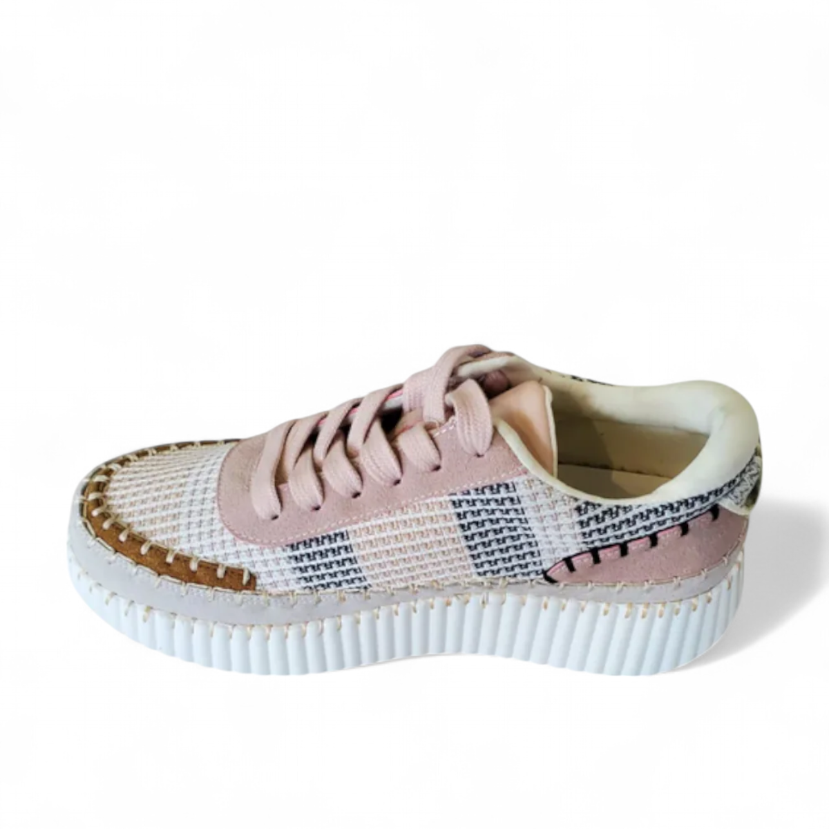 Tyche Sneak Away rose multi tweed sneakers with a thick white platform sole and decorative stitching.