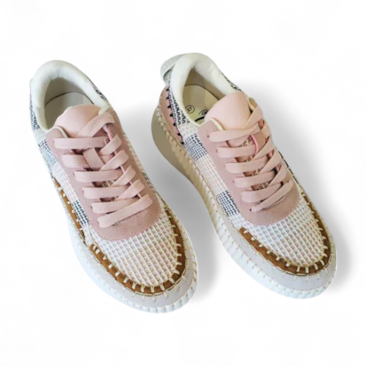 Tyche Sneak Away rose multi tweed sneakers with a thick white platform sole and decorative stitching.