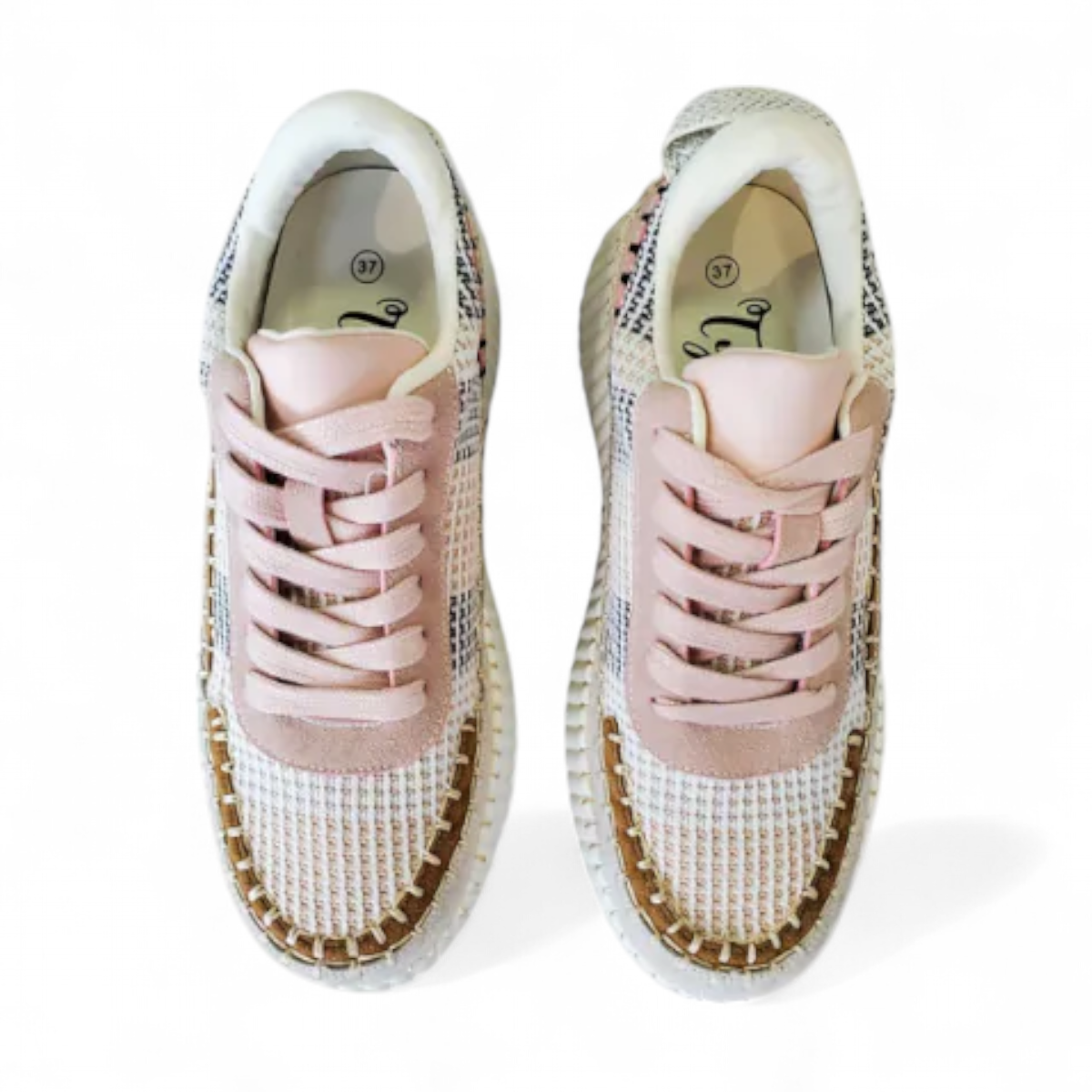 Tyche Sneak Away rose multi tweed sneakers with a thick white platform sole and decorative stitching.