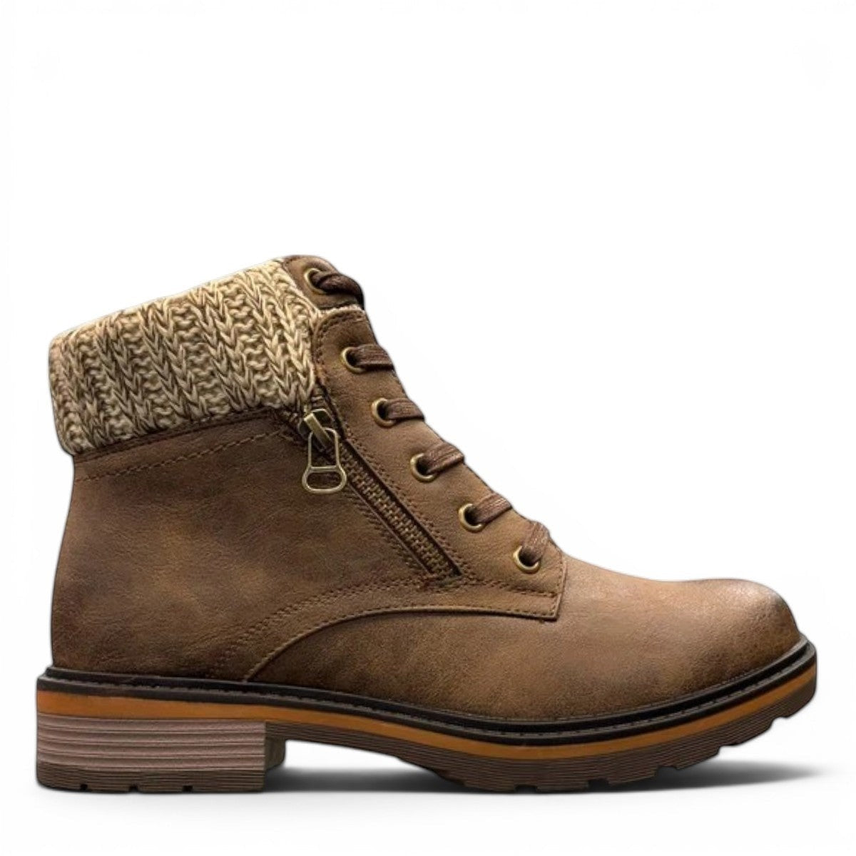 Wanderlust ankle boot in brown faux leather with a chunky knit cuff, side zipper, and lugged sole.