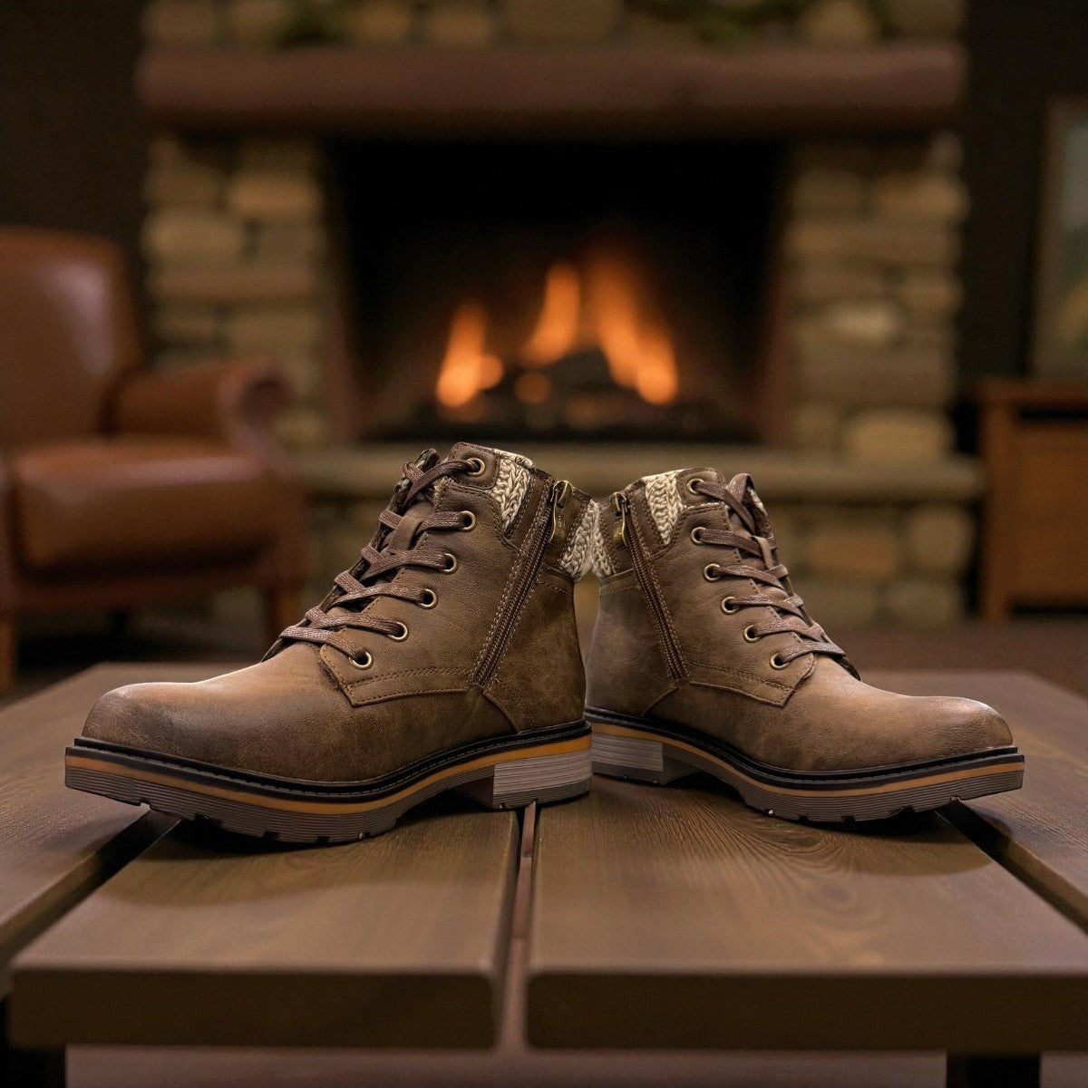 Wanderlust ankle boot in brown faux leather with a chunky knit cuff, side zipper, and lugged sole.