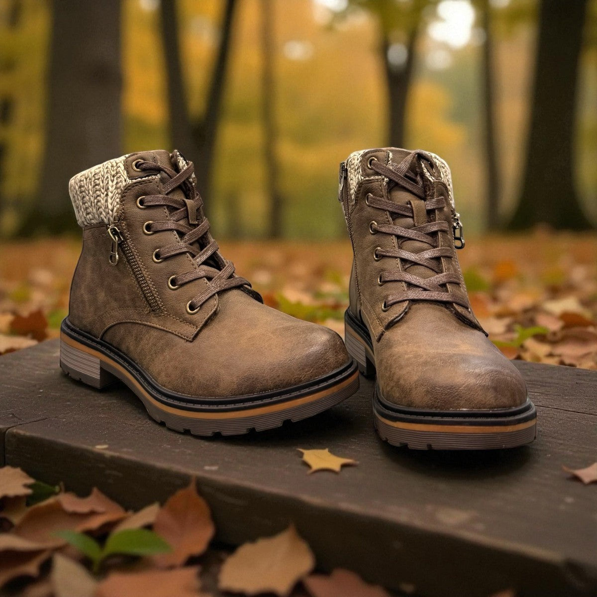 Wanderlust ankle boot in brown faux leather with a chunky knit cuff, side zipper, and lugged sole.