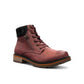 Wanderlust  burgundy faux leather ankle boot with a chunky knit cuff, side zipper, lace-up front, and lugged sole.