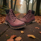 Wanderlust  burgundy faux leather ankle boot with a chunky knit cuff, side zipper, lace-up front, and lugged sole.
