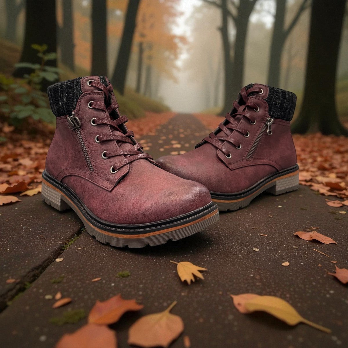 Wanderlust  burgundy faux leather ankle boot with a chunky knit cuff, side zipper, lace-up front, and lugged sole.