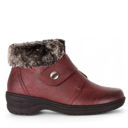 Wanderlust burgundy vegan winter boot with plush faux fur collar, velcro strap, and weather-resistant outsole.