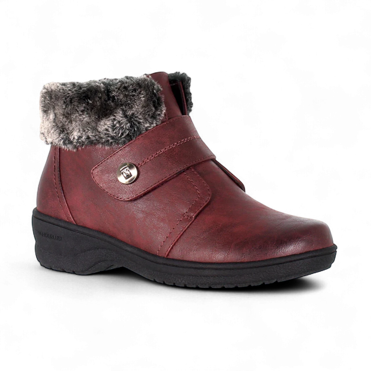 Wanderlust burgundy vegan winter boot with plush faux fur collar, velcro strap, and weather-resistant outsole.