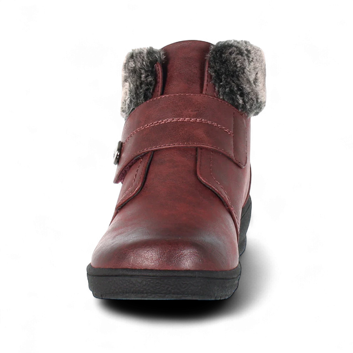 Wanderlust burgundy vegan winter boot with plush faux fur collar, velcro strap, and weather-resistant outsole.