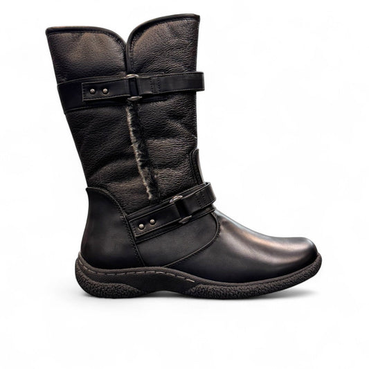 Wanderlust Gabi 2 black waterproof winter boot with pile lining, buckle straps, and durable lug sole.