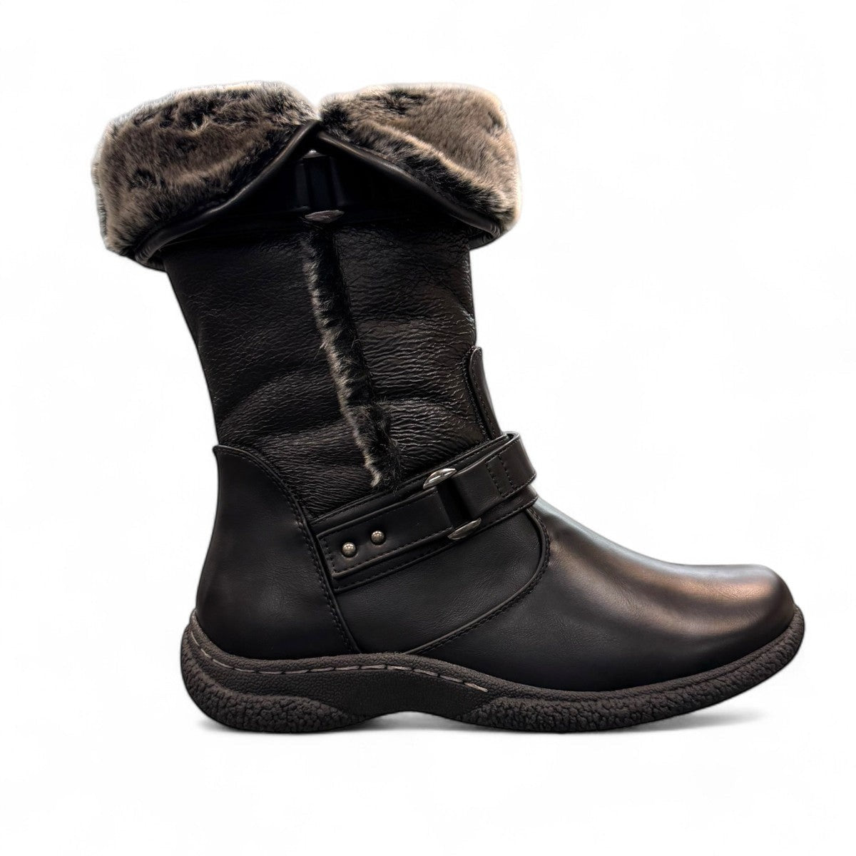 Wanderlust Gabi 2 black waterproof winter boot with pile lining, buckle straps, and durable lug sole.