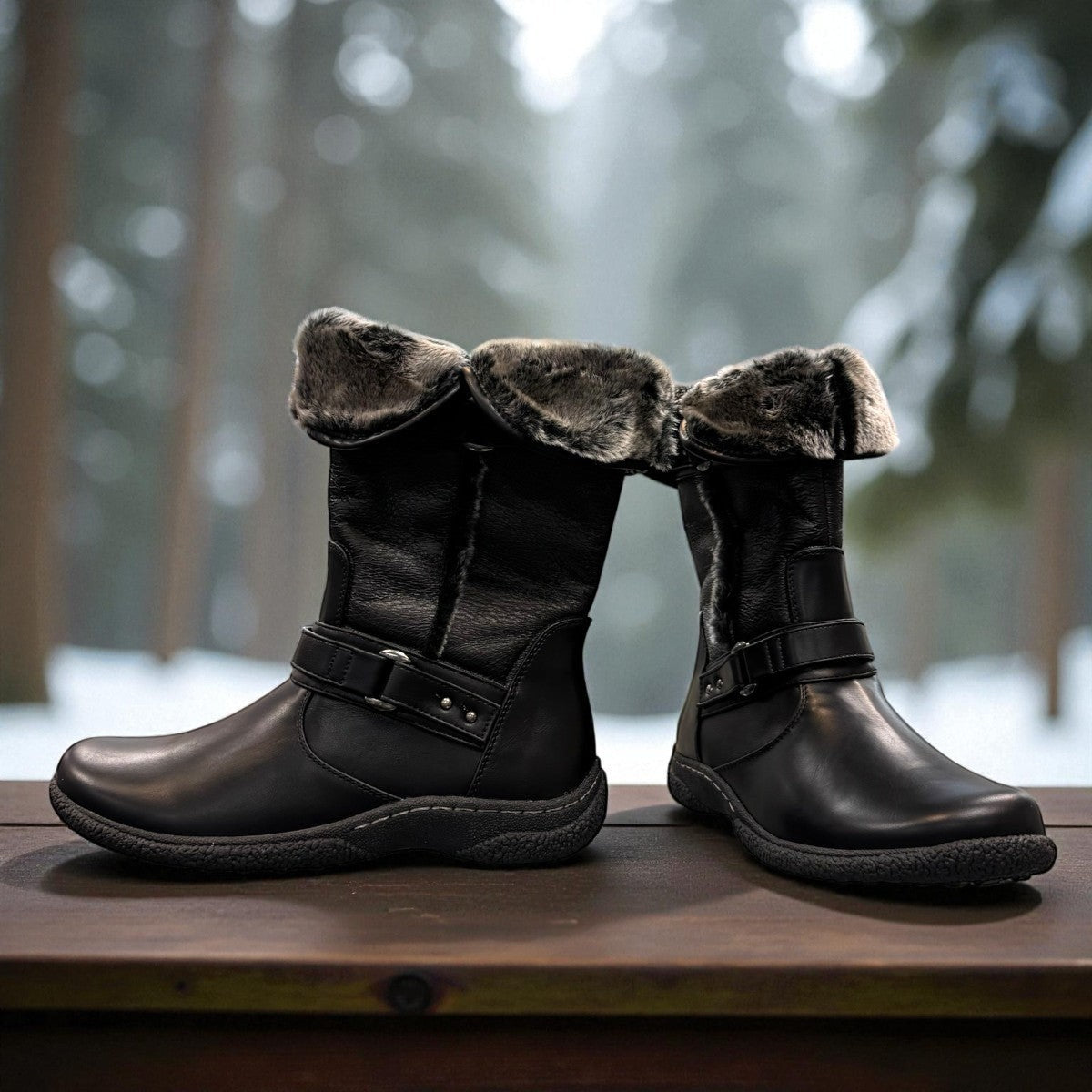 Wanderlust Gabi 2 black waterproof winter boot with pile lining, buckle straps, and durable lug sole.