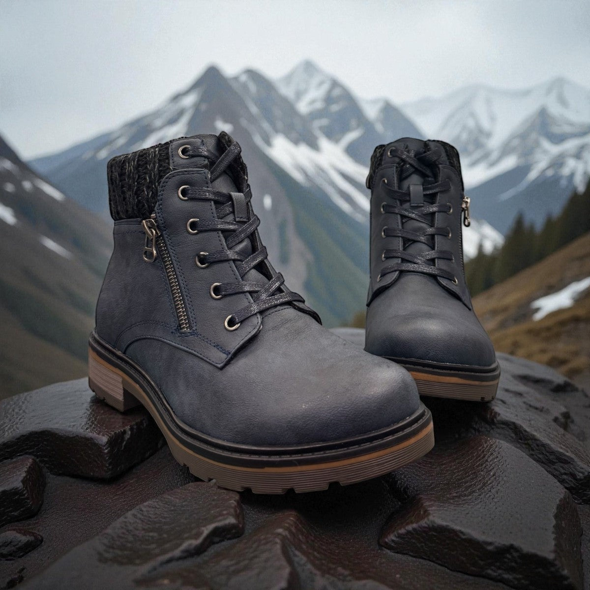 Wanderlust navy ankle boot with faux leather, chunky knit cuff, side zipper, lace-up closure, and lugged sole.