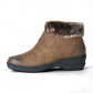 Wanderlust Perth vegan winter boot in dark tan with plush faux fur collar and velcro strap.
photo of the left side