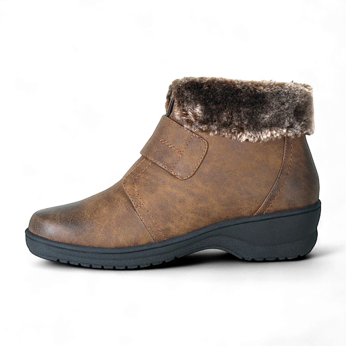 Wanderlust Perth vegan winter boot in dark tan with plush faux fur collar and velcro strap.
photo of the left side