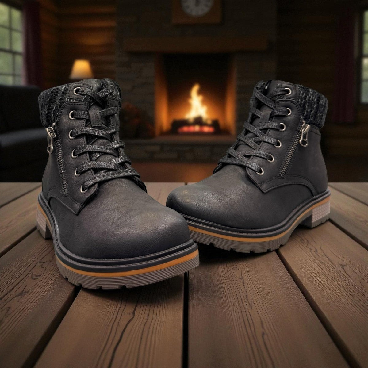 Wanderlust black ankle boot with faux leather, chunky knit cuff, side zipper, and lugged sole for winter comfort.