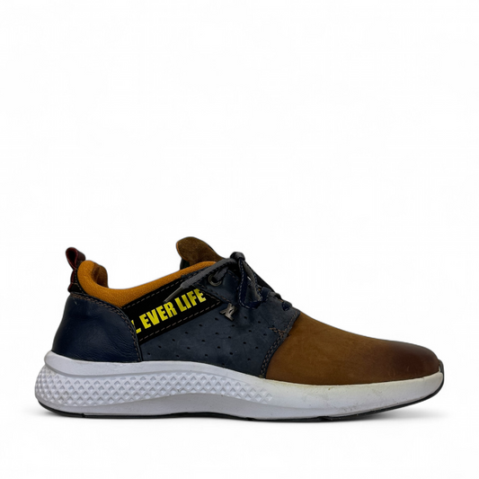XL Ever Life Behesht sneaker in tan and blue leather with yellow branding on a white textured sole. Photo of right side view.