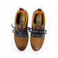 XL Ever Life Behesht sneaker in tan and blue leather with yellow branding on a white textured sole. Photo of upper view.