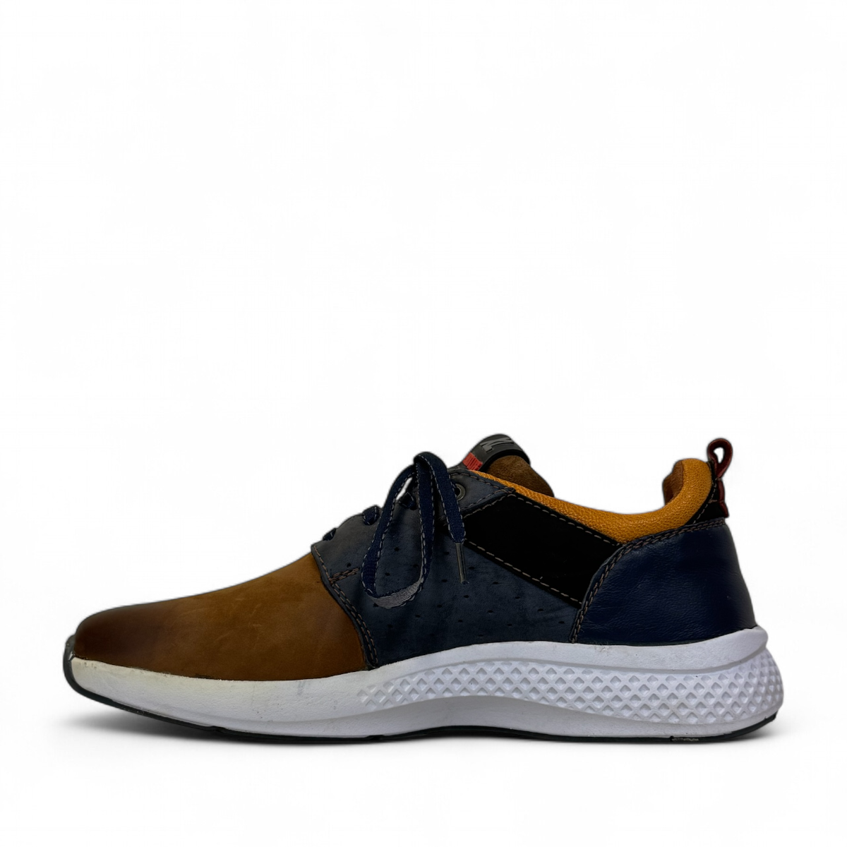 XL Ever Life Behesht sneaker in tan and blue leather with yellow branding on a white textured sole. Photo of left side view.