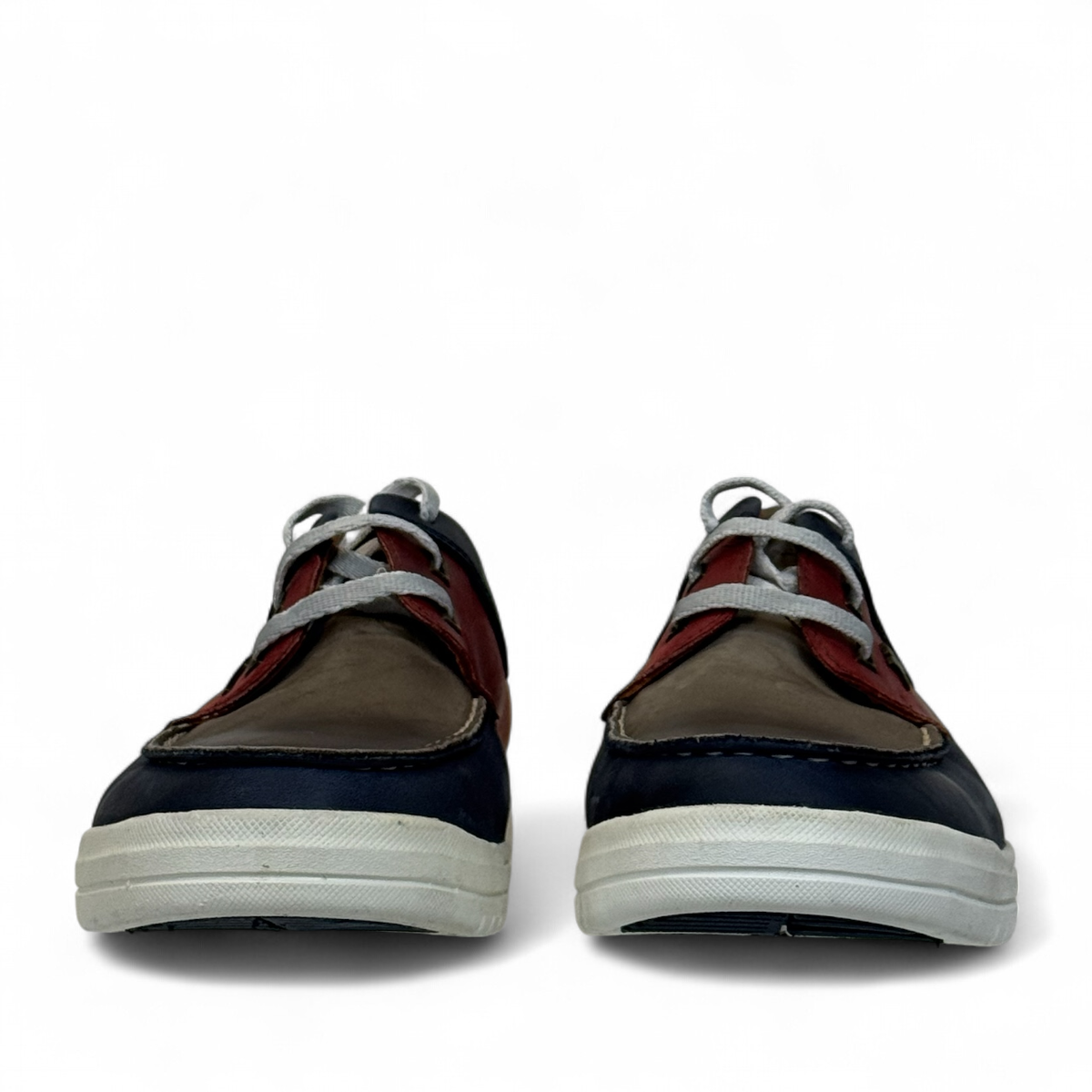 XL EVER LIFE GHEYSARIEH casual sneaker in red, navy, and grey leather with white rubber sole. Photo of front view 1.